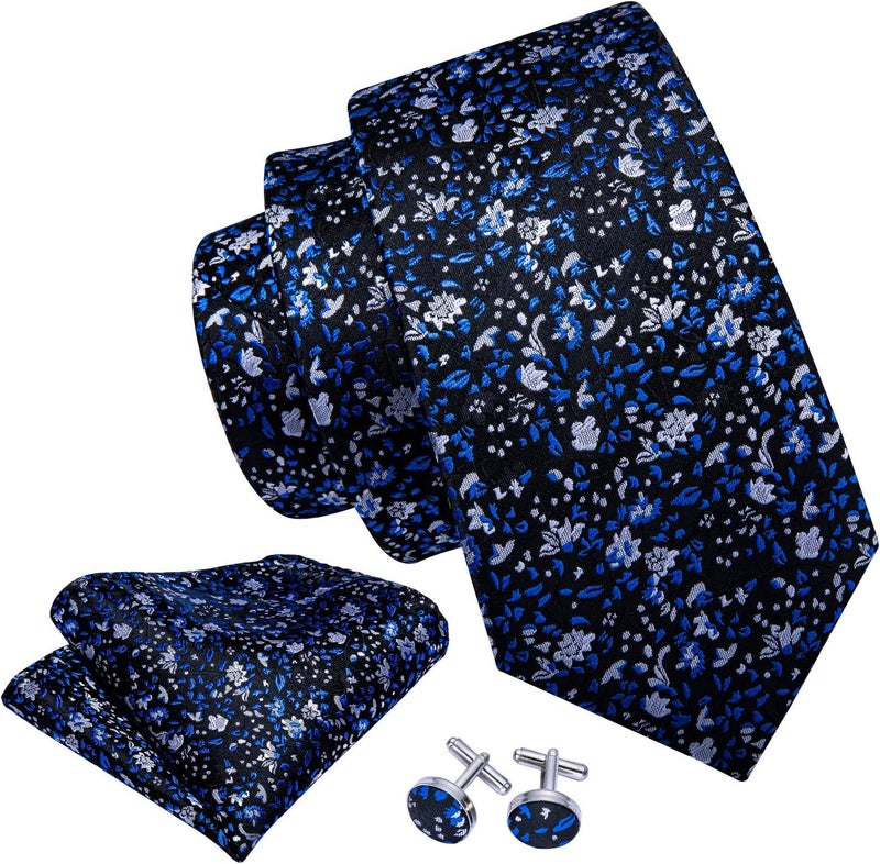 Barry.Wang Store Flower Ties for Men Handkerchief Cufflinks Set Wedding Necktie Set Party - Image 2